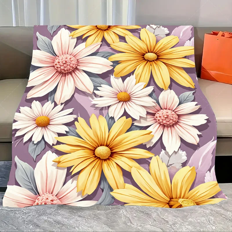 

1pc Flannel Blanket Vibrant Floral Throw Blanket - Cozy Home Decor with Yellow & Pink Daisies