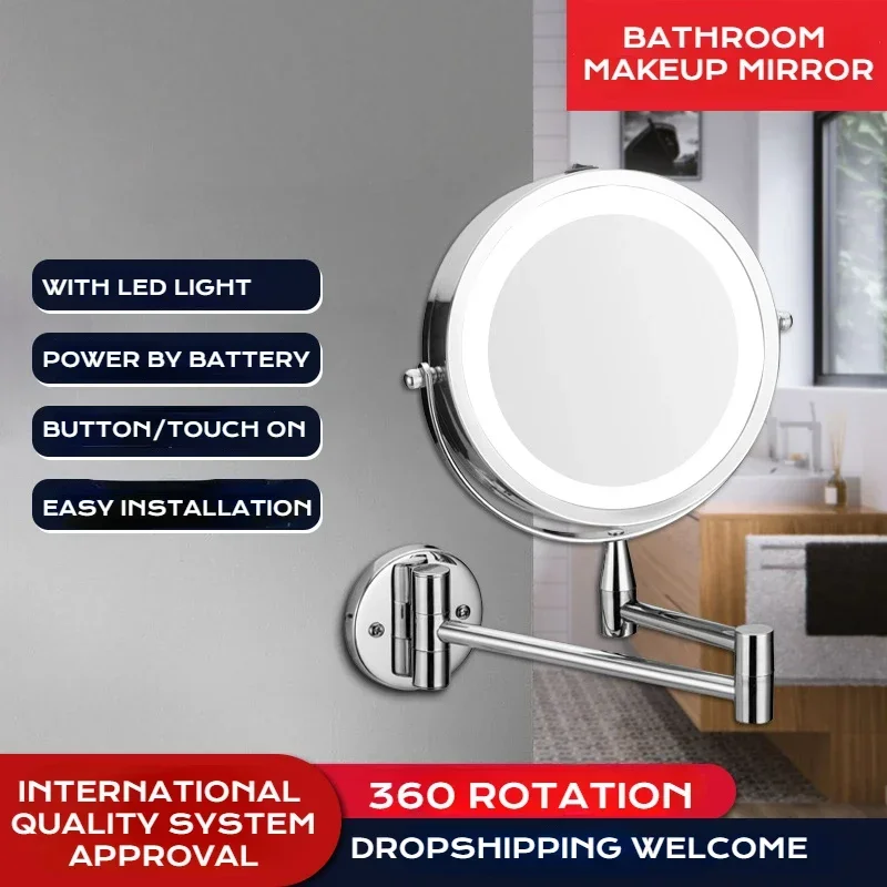 

LED Bathroom Mirror 5X Amplify Round Wall-mounted Touch On Makeup Mirror Retractable Beauty Mirrors with Lights