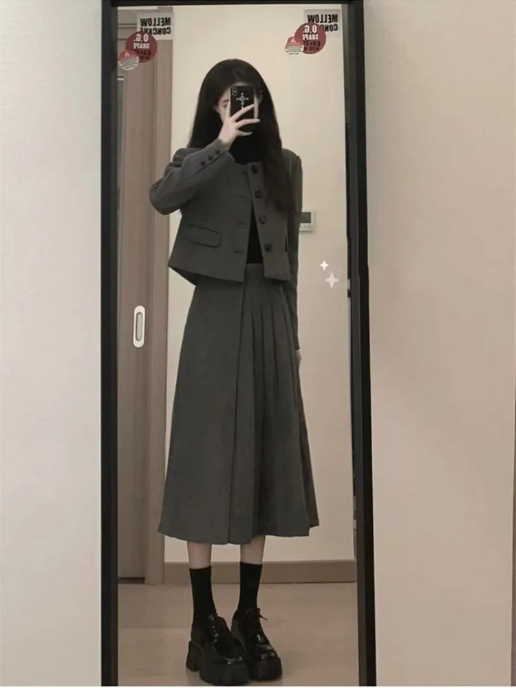 UNXX Set da donna in lana manica lunga Blazer corto cappotto a vita alta gonne Midi pieghettate abiti autunno inverno elegante gonna da donna Set