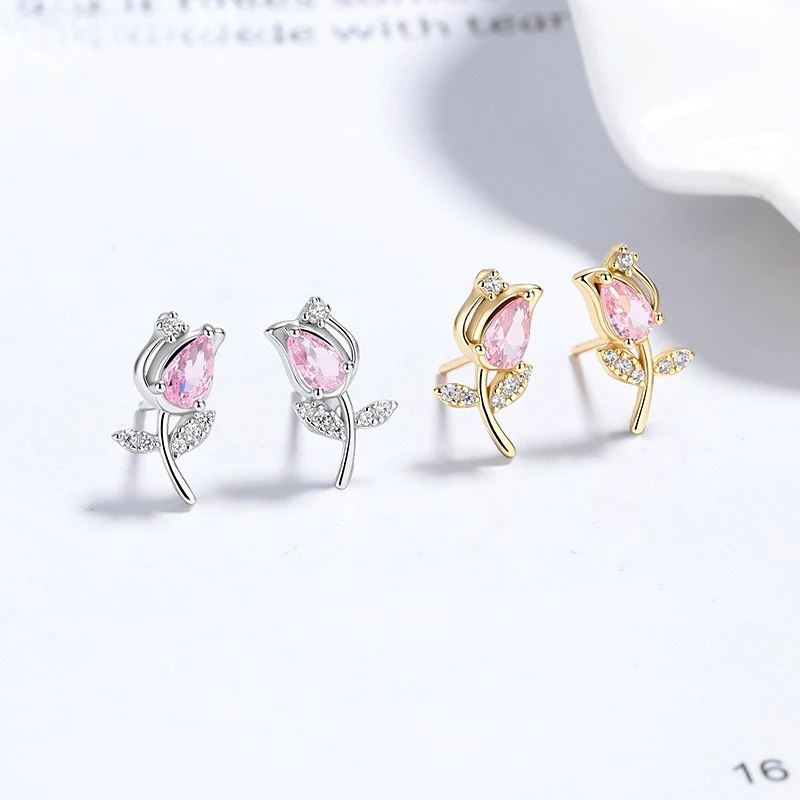 925 Sterling Silver Rose Flower Stud Earrings Teardrop Pink Zircon Elegant Trendy Daily Fashion Ear Accessories for Women