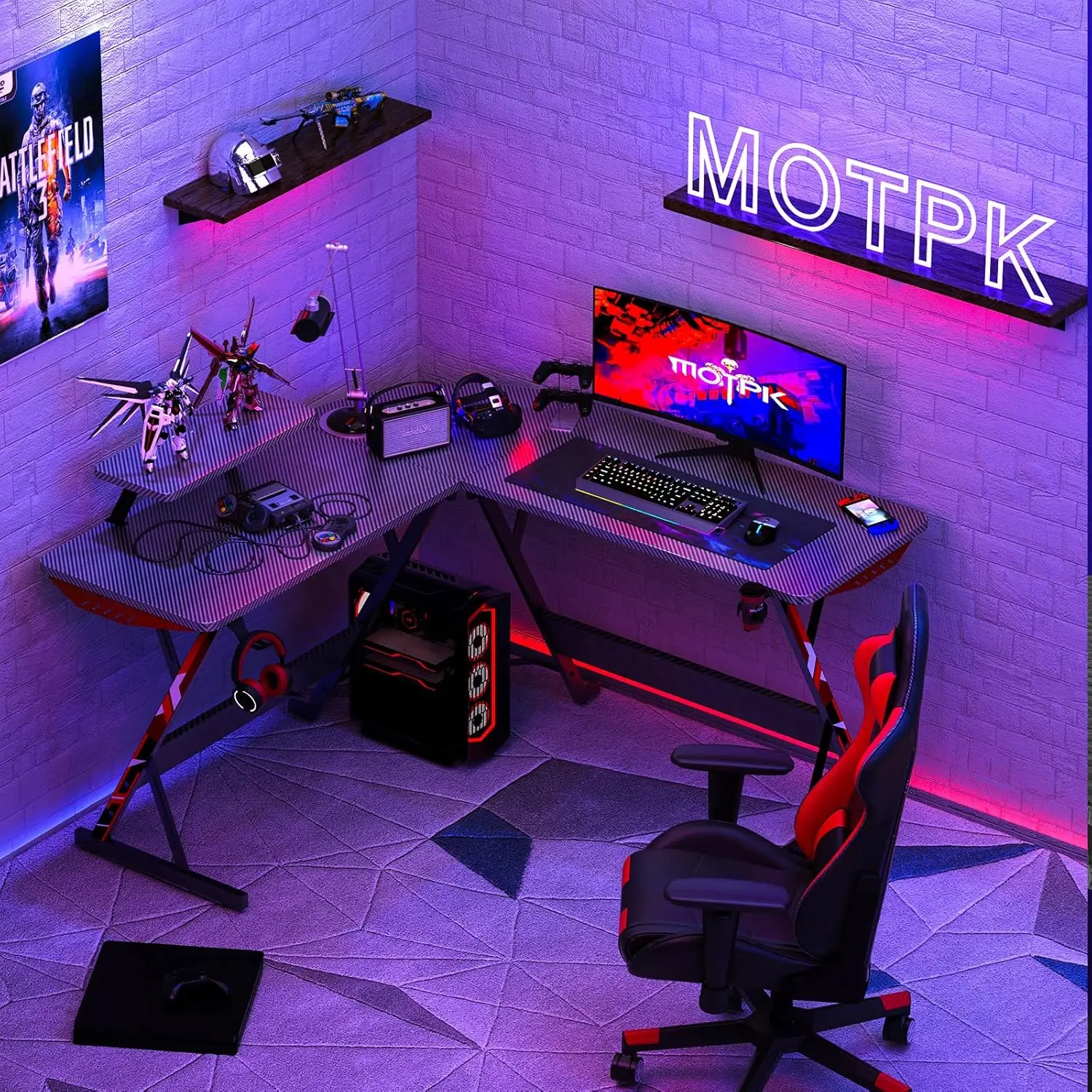 L Shaped Gaming Desk with Carbon Fiber Surface, Corner Computer Desk L Shape with Monitor Shelf, Gamer Desk Gaming Table with Cu