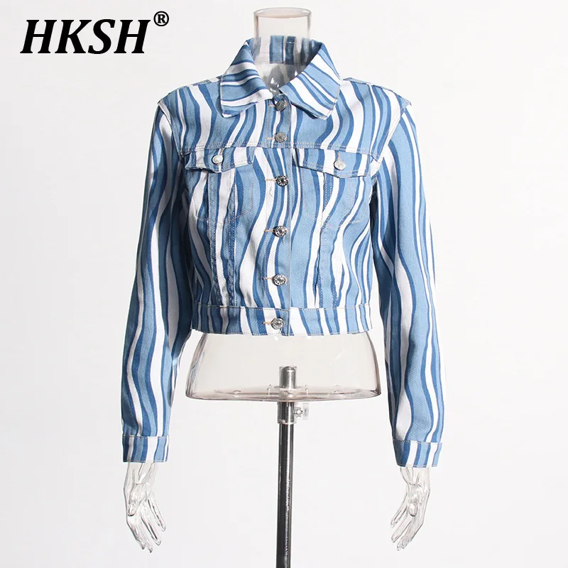 

HKSH Spring Summer New Women Ins Trendy High Street Fashion Casual Long Sleeved Top Striped Turn-down Collar Denim Shirts HK5401