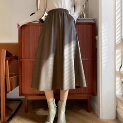 Retro style leather skirt, mid length skirt, women's high waisted A-line skirt, versatile long skirt, temperament umbrella skirt