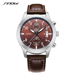 SINOBI Calendar Mens Watches Fashion Leather Strap Man's Quartz Wristwatches Top Luxury Chronograph Male Gifts Luminous Clock