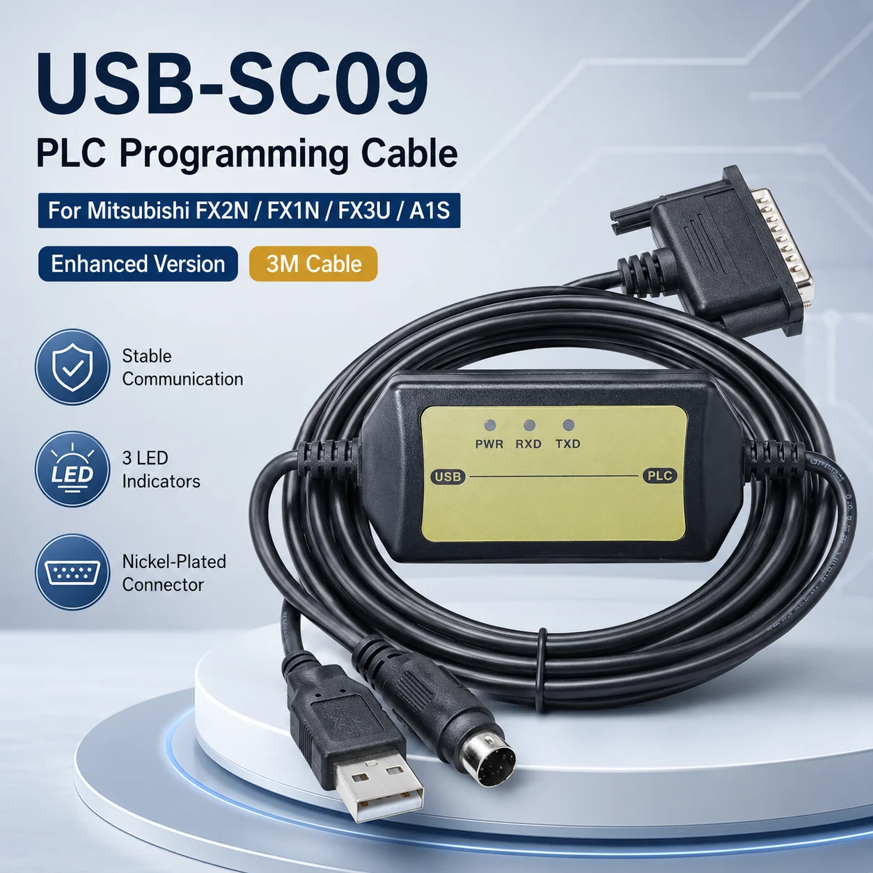 3M USB-SC09 Programming Download Cable for Mitsubishi FX Series PLC CH340 5V Stable Communication with LED Indicators