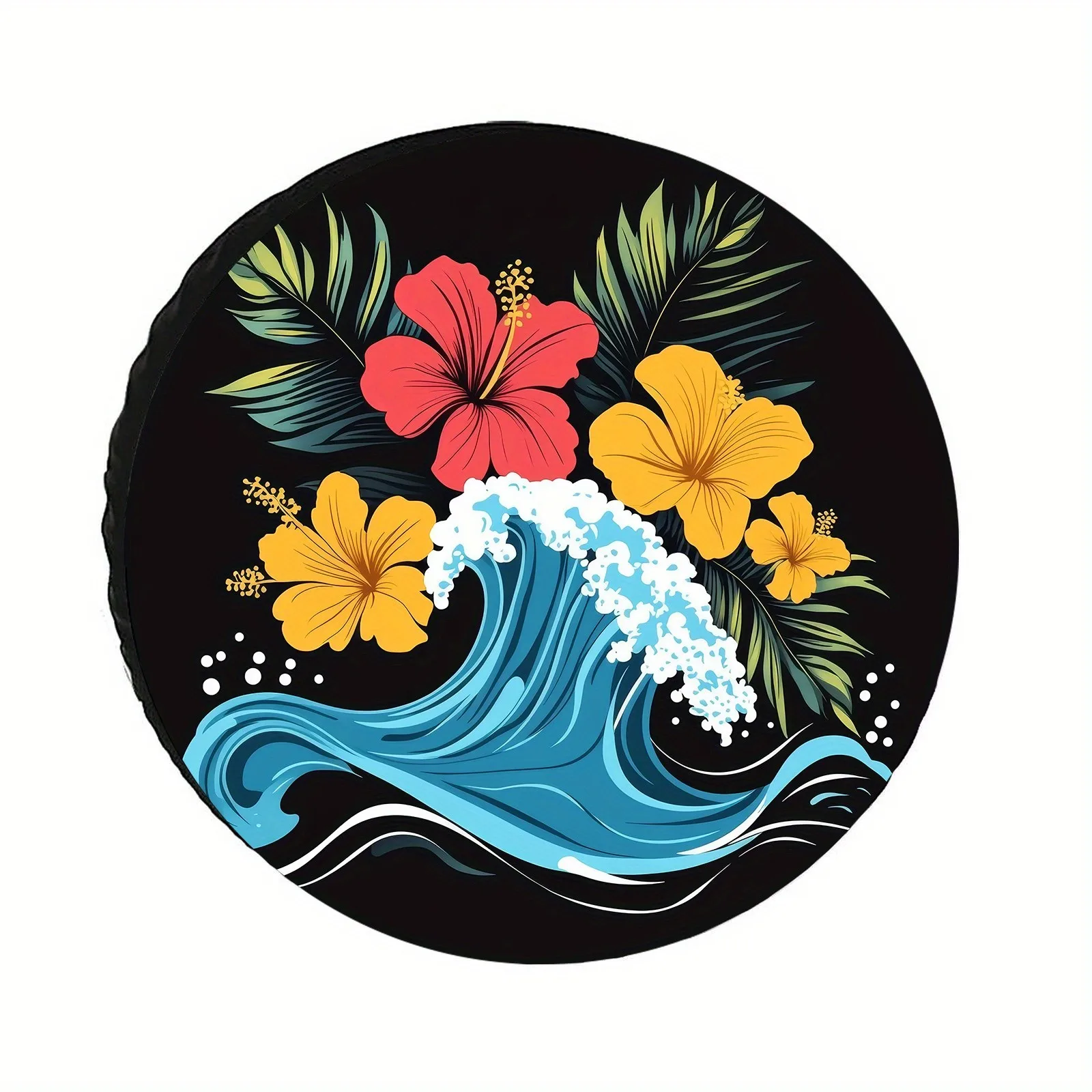 Wave Hibiscus Pattern Spare Tire Cover for SUV Camper Trailer Offroad Vehicle Accessories