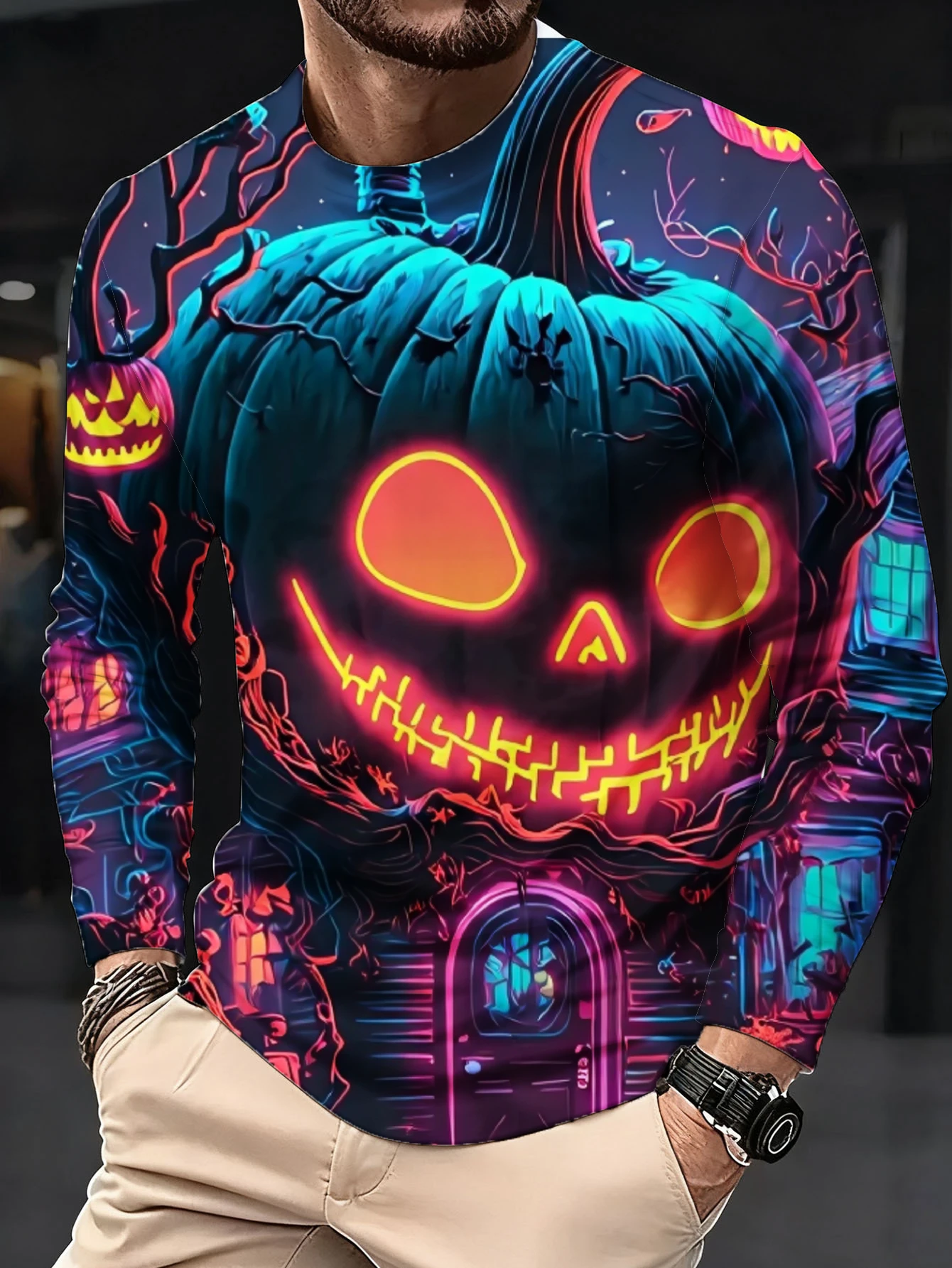 Men Long Sleeve T‑Shirt Halloween Neon Pumpkin Haunted House Print Crew Neck Casual Street Tops