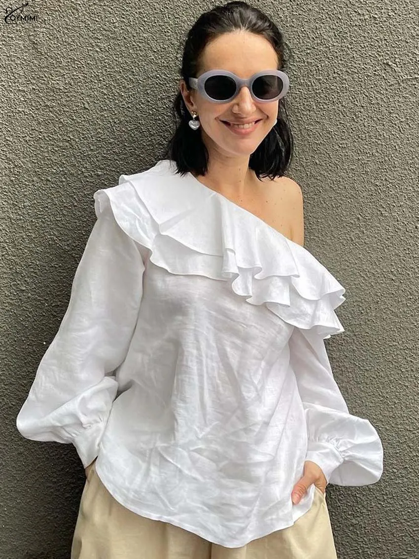 

Oymimi Casual White Cotton Blouses For Women Fashion Ruffled Skew Collar One-Shoulder Blouses Elegant Long Sleeve Solid Blouse