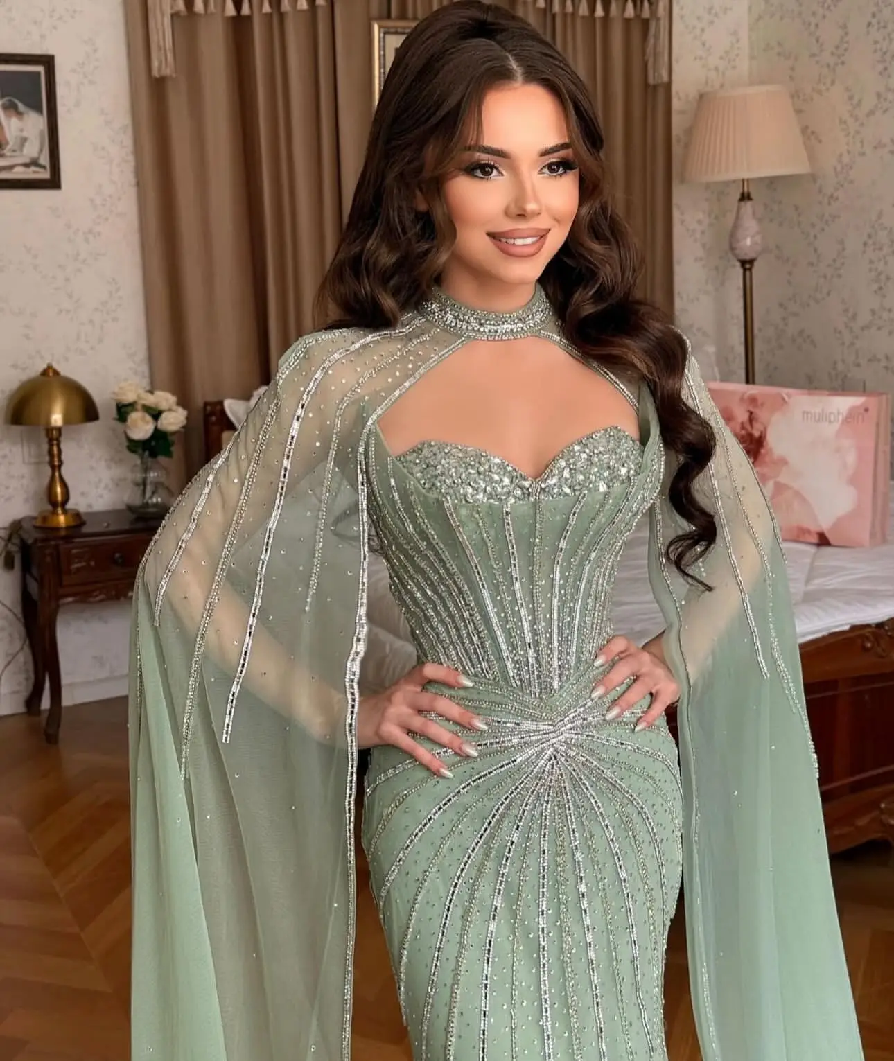 Aenyrst Luxury Crystal Sage Green Long Evening Dress with Cape Sleeves for Women Elegant Pink Wedding Party Gown Customizable