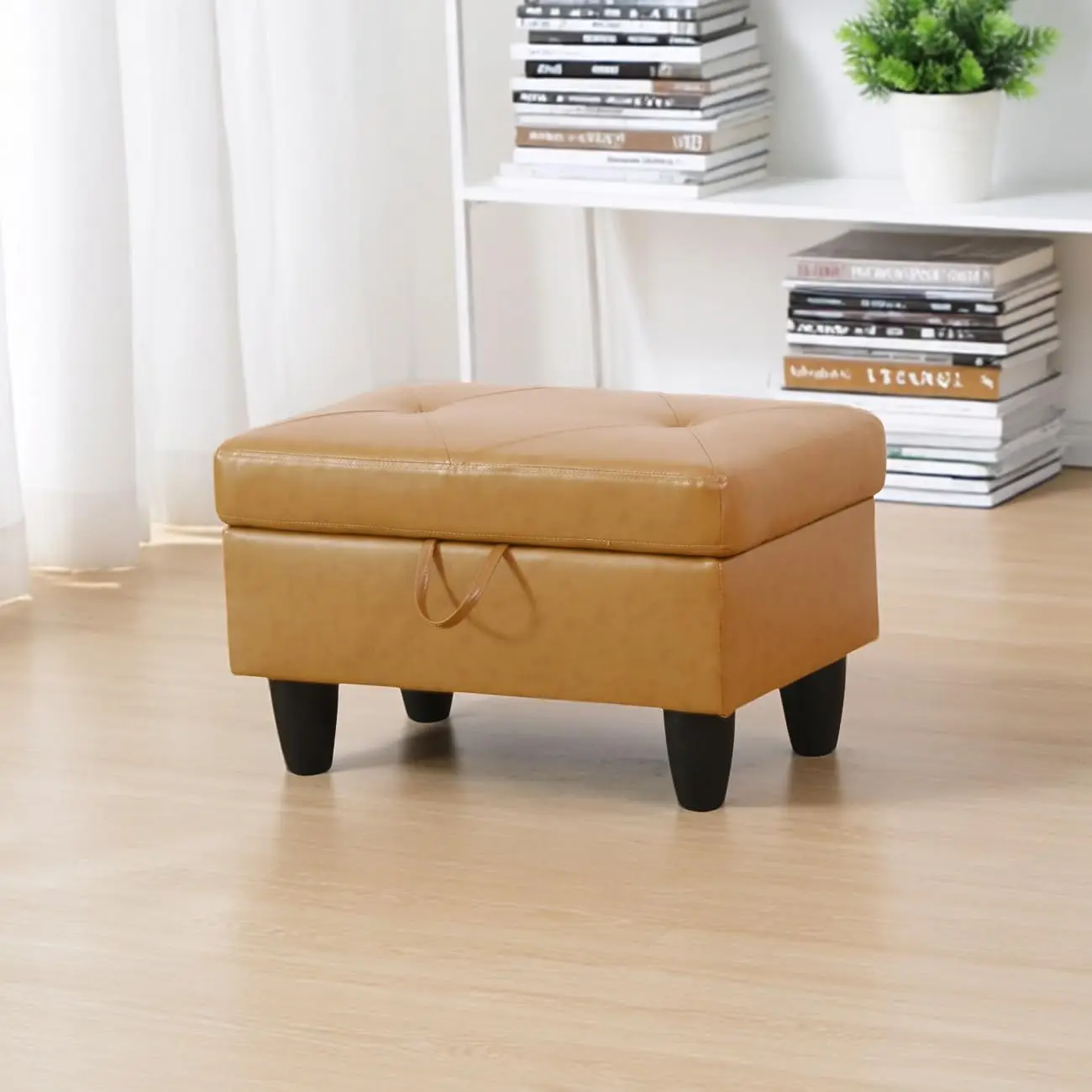 28.5 Inch Large Square Storage Ottoman Bench, Leather Footstool with Storage, Foot Rest Footstool Bench & Coffee Table with Thick Cushion, Ginger, for Entryway Living Room Bedroom RV Car Loft Home Decor