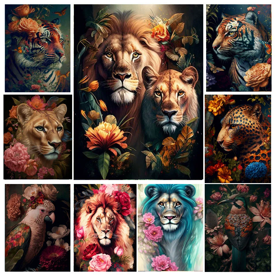 Jungle Lion Tiger 5D DIY Diamond Painting Kit Fantasy Flowers and Animals Cross Mosaic Diamond Embroidery Rhinestone Art A603