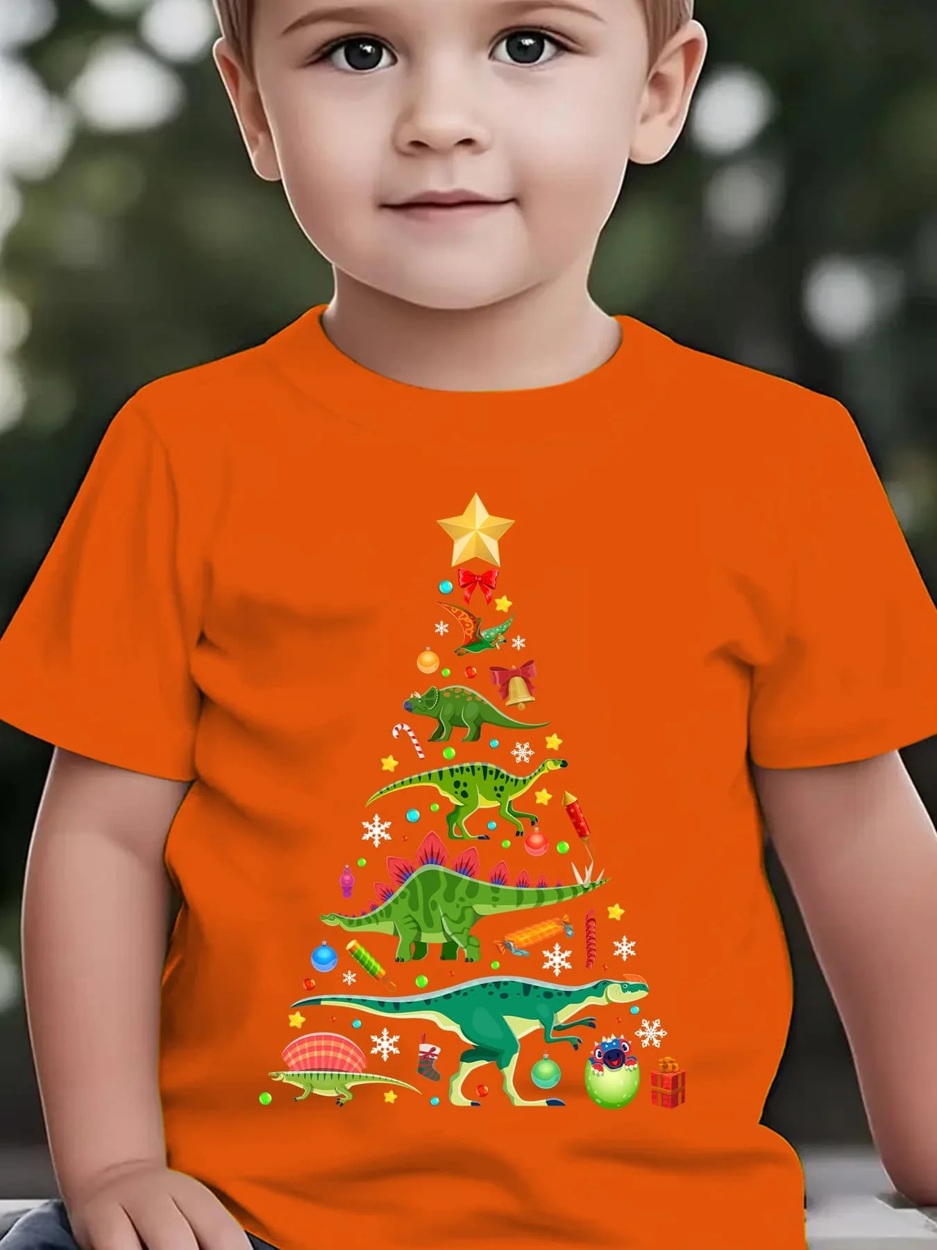 CHRISTMAS Christmas Summer Children's Fashion T-shirt Dinosaur Family Christmas Tree Printed Outdoor Casual Parent Child Top
