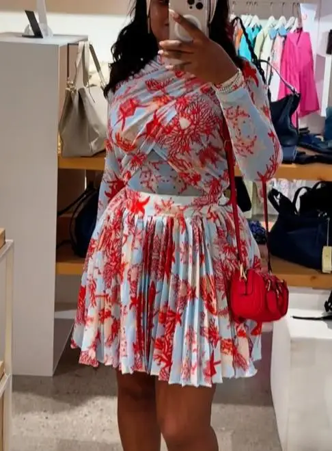 レディースファッション エレガントな服装 気質 秋の新作 スリムプリント長袖トップス＆プリーツスカートセット 女性用