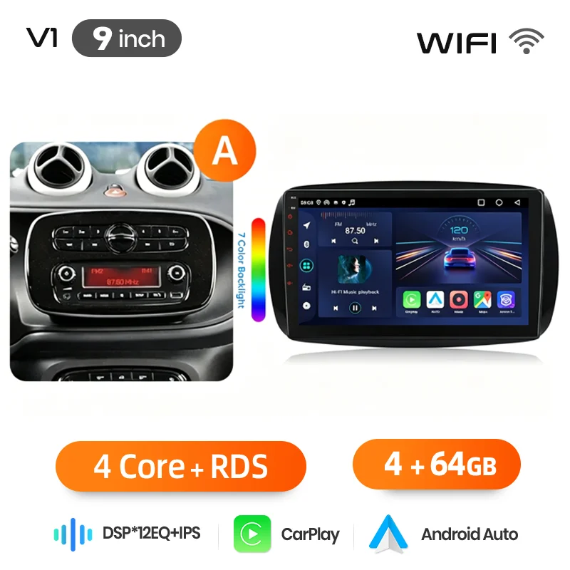 Junsun Android Auto Autoradio für Mercedes Benz Smart 453 Fortwo 2014 2015 2016-2020 Multimedia Wireless Apple CarPlay Intelligente Systeme IPS Touchscreen Stereo Videoplayer 2 Din Autoradio Head Unit
