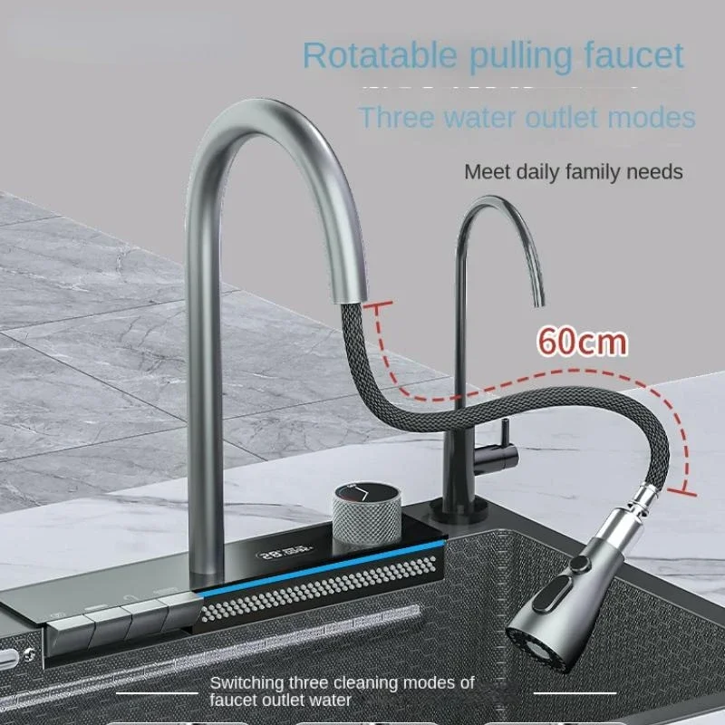 Waterfall Kitchen Sink with Multifunction Digital Display Faucet Stainless Steel Embossed Large Single Slot Kitchen Accessories