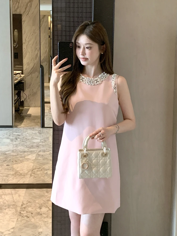 

Women Fashion Sleeveless Round Neck Temperament Slim Dress Summer New Heavy Industry Bead Embroidery Gorgeous Pink Dress