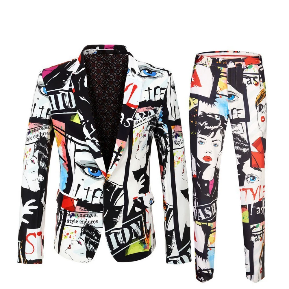 

Mens Fashion Print 2 Pieces Set (Blazer+Pants) Casual Suits Plus Size Hip Hop Tuxedo Suit Men DJ Club Stage Singer Costume Homme