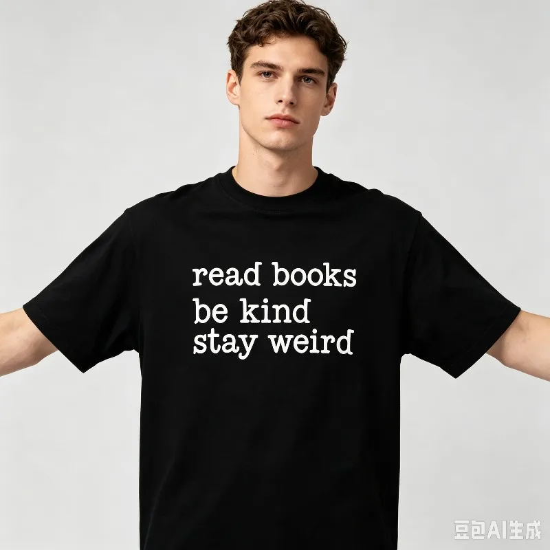 “read books be kind stay weird” Handwritten Slogan T-Shirt Men’s Literary Quote Print Soft Modal Crewneck Tee Casual Top