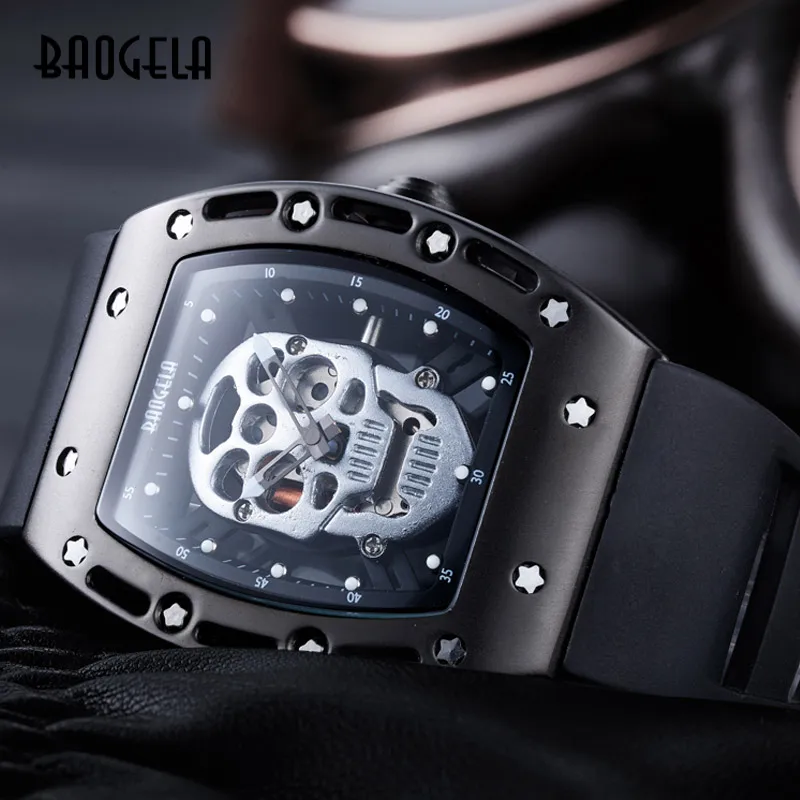 BAOGELA Watch Disk Rectangular Army Skull Bright Black Silicone Bracelet Male Star Waterproof Quartz Watch 1612 Black  White