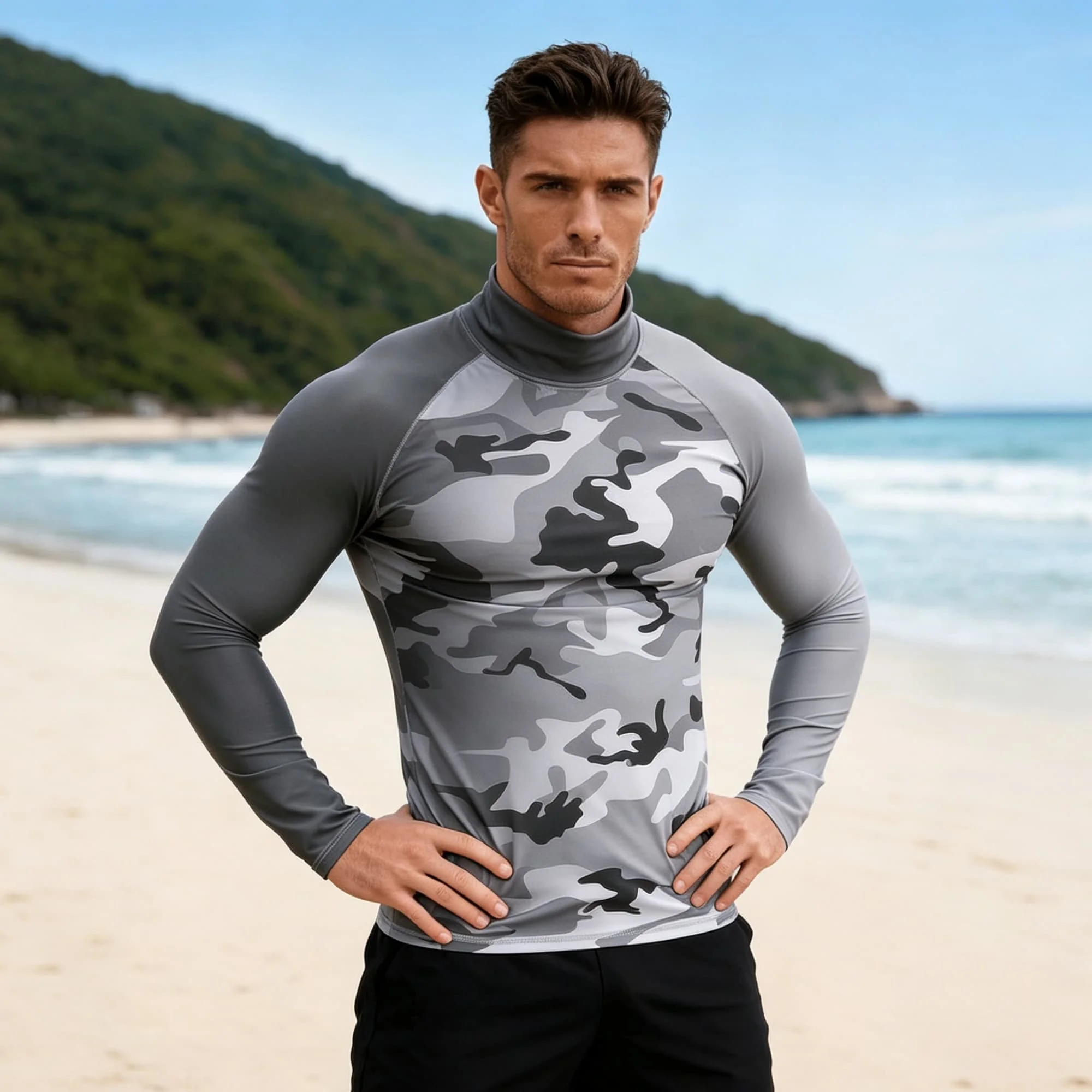 Classic Camo Pattern Men Water Sports Mock Neck Long‑Sleeve Tee Grey Camouflage Sportswear For Surf Snorkel Outdoor Recreation