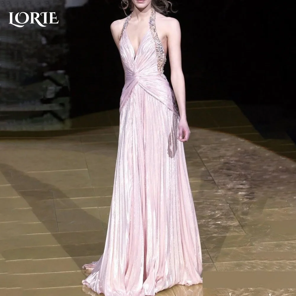 

LORIE Modest Crepe Evening Dresses Elegant Deep V Neck Mermaid Shiny Beadings Pleats Arabia Prom Gown Party Dresses Customized