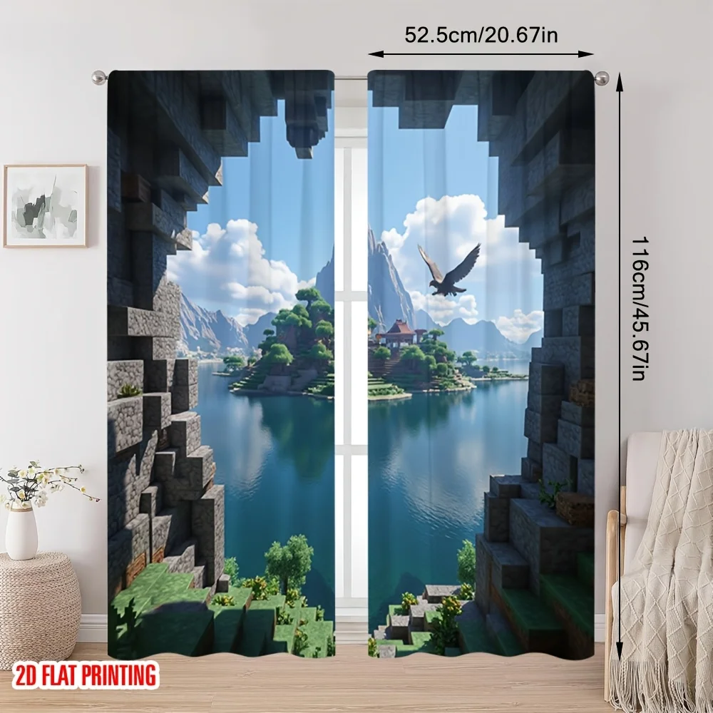 Cave Entrance Pixel Art Printed Window Curtains Luxury Fabric Drapery for Office Conference Room and Waiting Area