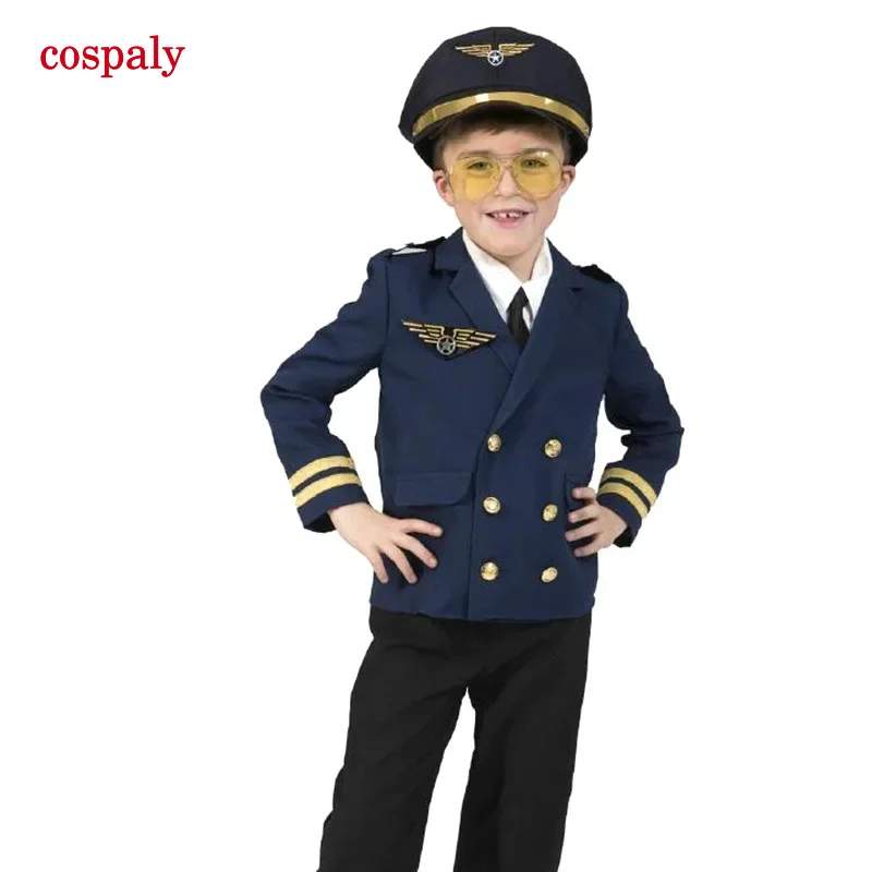 Children Halloween Costume Kids Aircraft Captain'S Uniform Cosplay Clothing Hat The Pilots Party Clothes For Boy Girl 3-9 Years