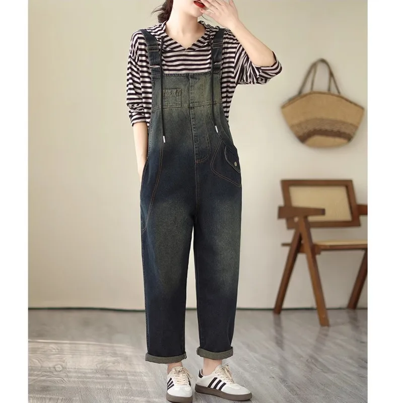 #1469 Straight Denim Overalls Women Loose Vintage Gradient Blue Denim Jumpsuits Rompers Female Spring Autumn