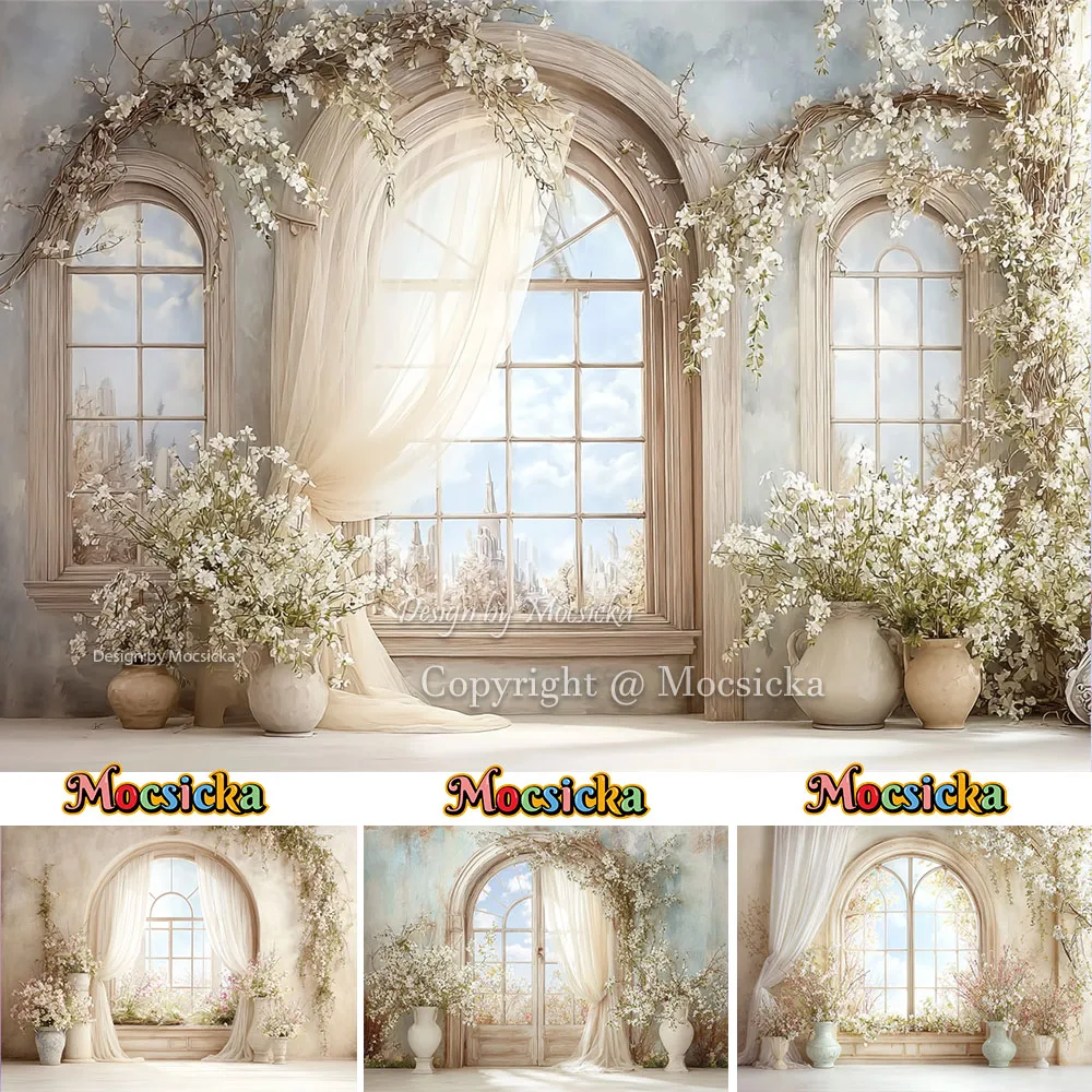 Mocsicka Spring White Window Background for Maternity Photography Retro Floral Garden Backdrop Kid Easter Birthday Photo Studio