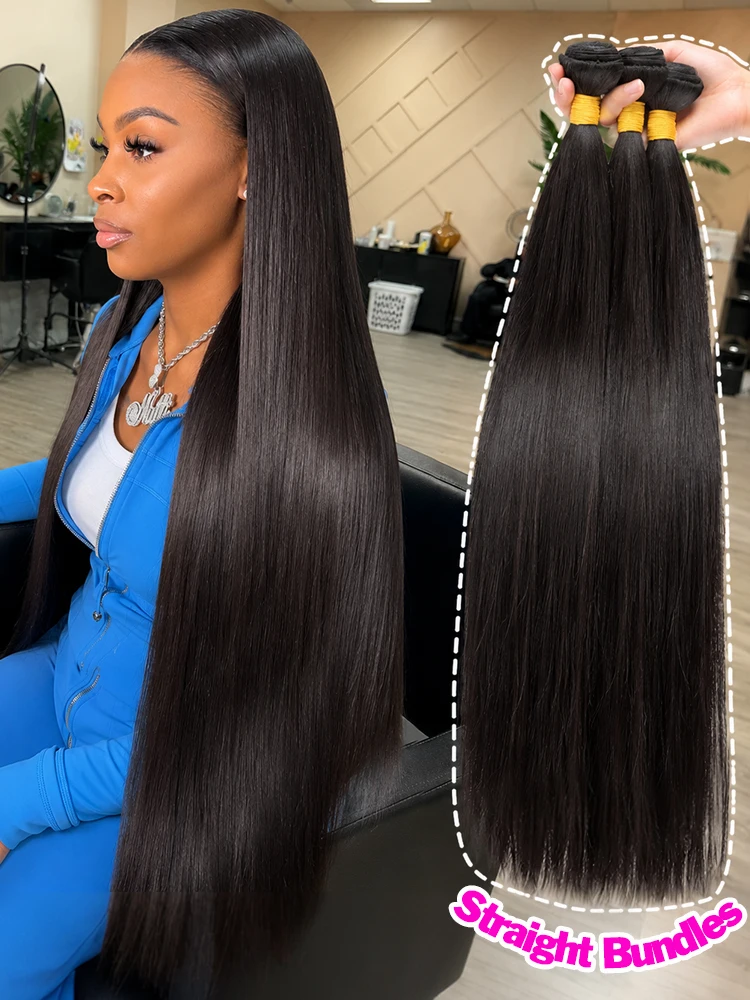 Extensiones de Cabello Humano Liso Natural sin Procesar de 30-40 Pulgadas, Cabello Humano Liso Extremo, 1/3/4 Paquetes, Doble Trama, 22 Pulgadas