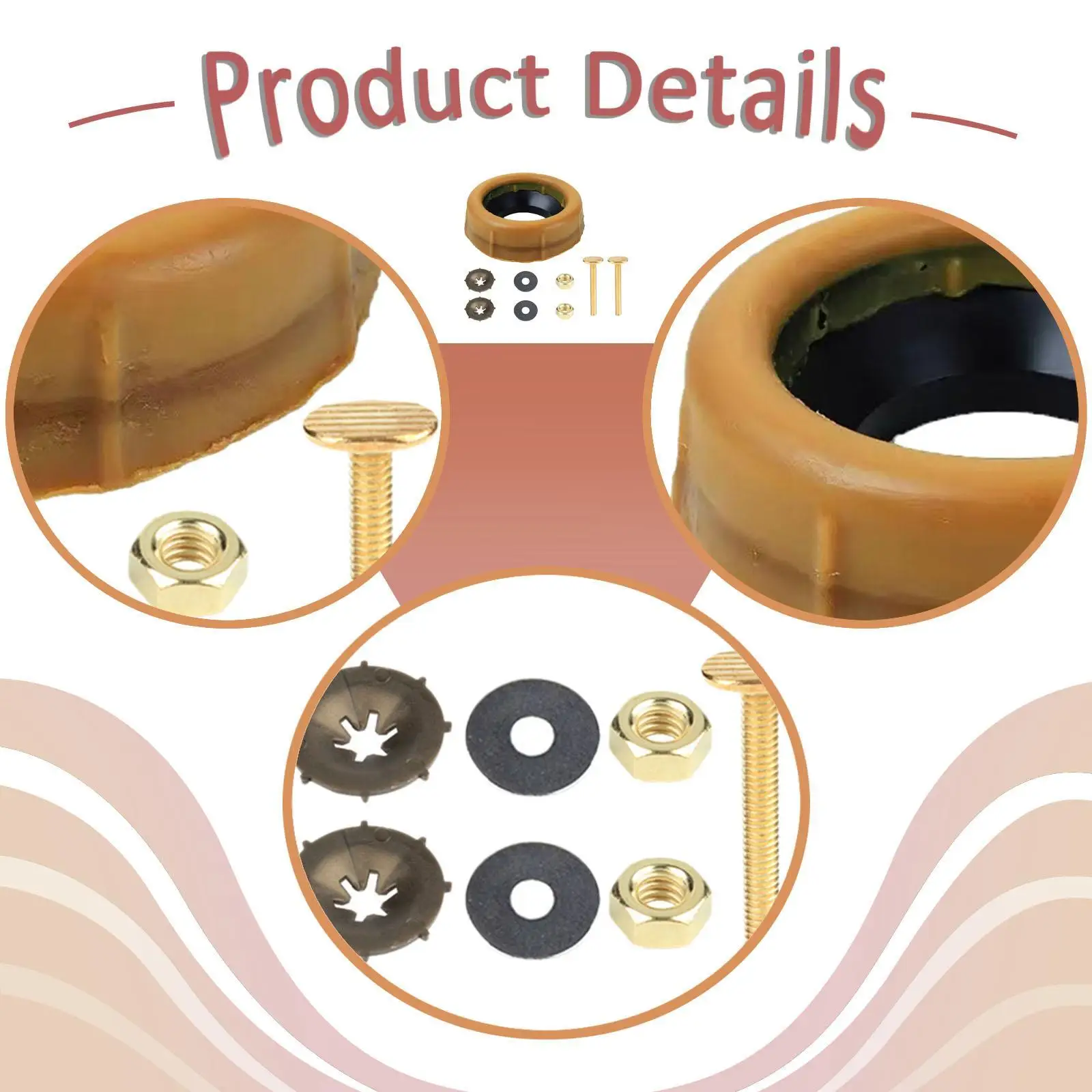 Household Toilet Wax Ring Repair Kit with Brass Bolts and Washers for Universal Toilet Accessory Set