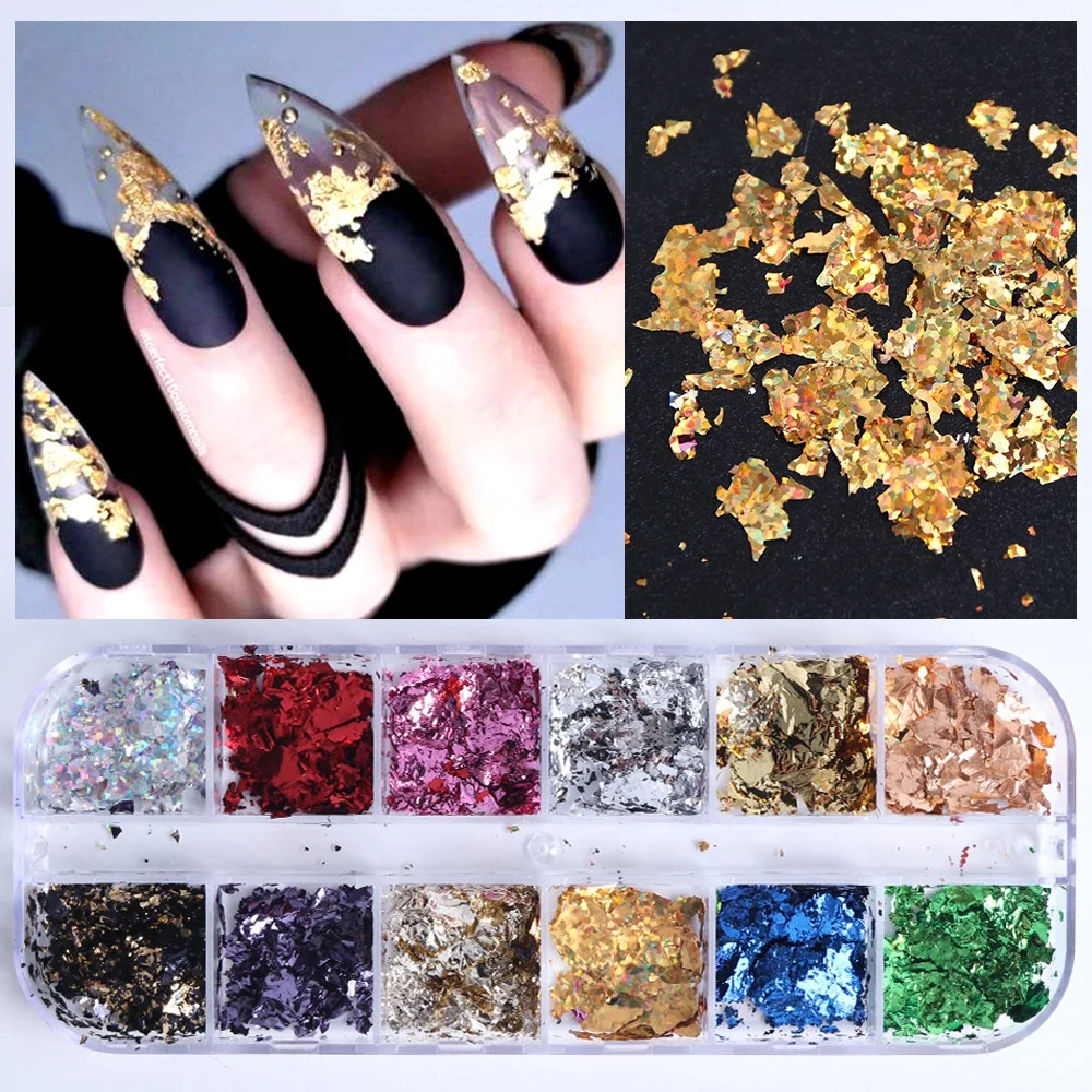 12 Color Foils Gorgeous Nails Glitter Aluminum Flakes Chip Nail Design Shiny Kismis Nail Art Decoration, 1 Box