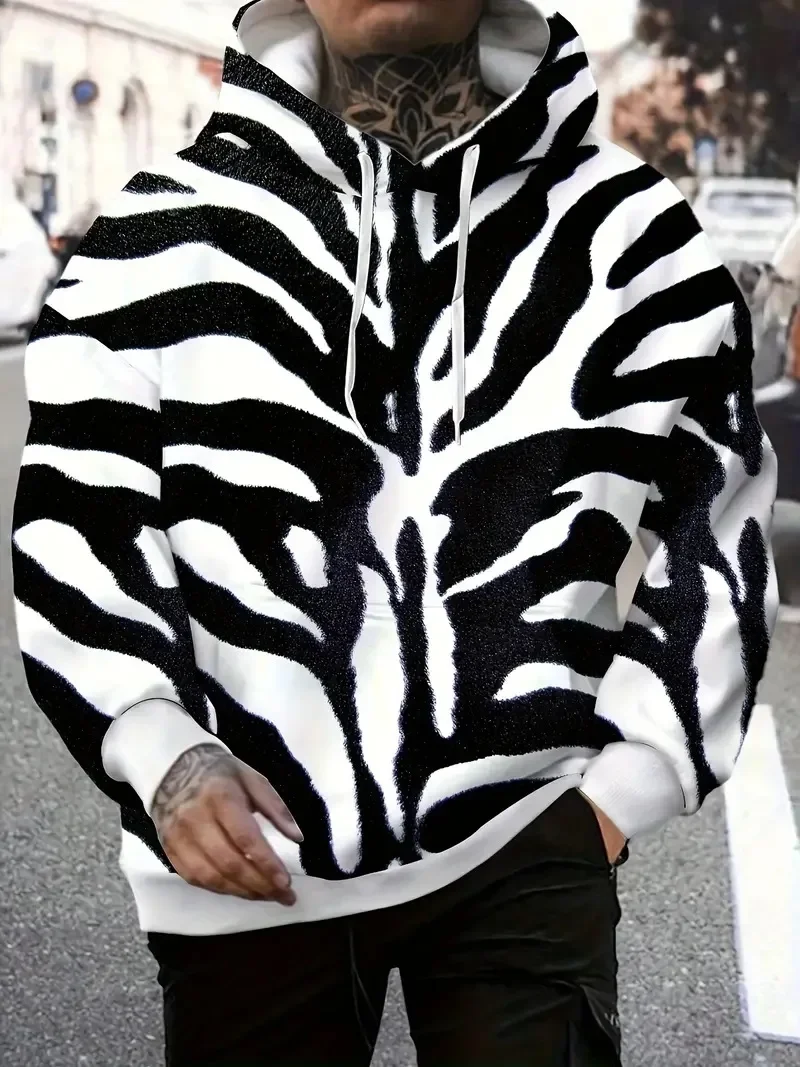 Autumn Winter Men\'s Hoodie Fashion Men\'s Clothing 3D Zebra Print Pullover Street Casual Men\'s Hoodie Oversized Men\'s Clothing