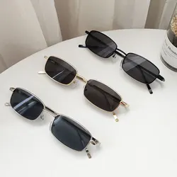 Gafas de sol rectangulares pequeñas a la moda para hombre y mujer, gafas de sol de conducción cuadradas Vintage, gafas con montura metálica de marca de lujo