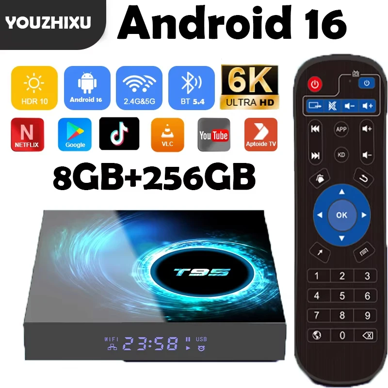 Android 16 Smart T95 TV Box 8GB+256GB  Allwinnerh616 Google Assistant 6K Video Bluetooth5.4 Media Player Very Fast Set Top Box