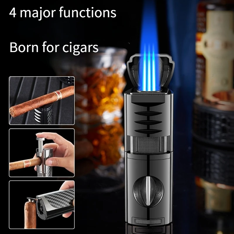 

Cross Border Hot Selling Three Flame Inflatable Lighter Cigar Specific Straight Forward Lighter Portable One Machine Four Uses