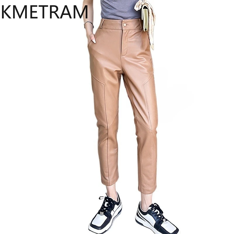 

100% Top Layer of Sheepskin Women Pants Casual Cropped Pants Genuine Leather Harem Trousers Woman 2025 Autumn Clothes штаны