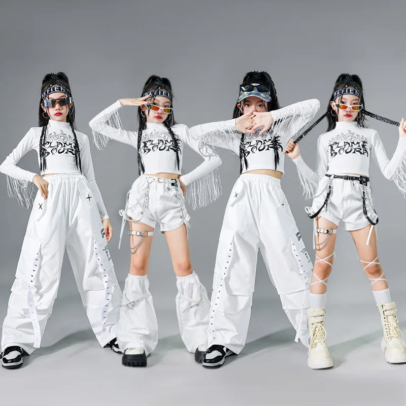 Kid Hip Hop Clothing White Mock Neck Fringed T Shirt Long Sleeve Crop Top Cargo Pants Shorts for Girl Jazz Dance Costume Clothes