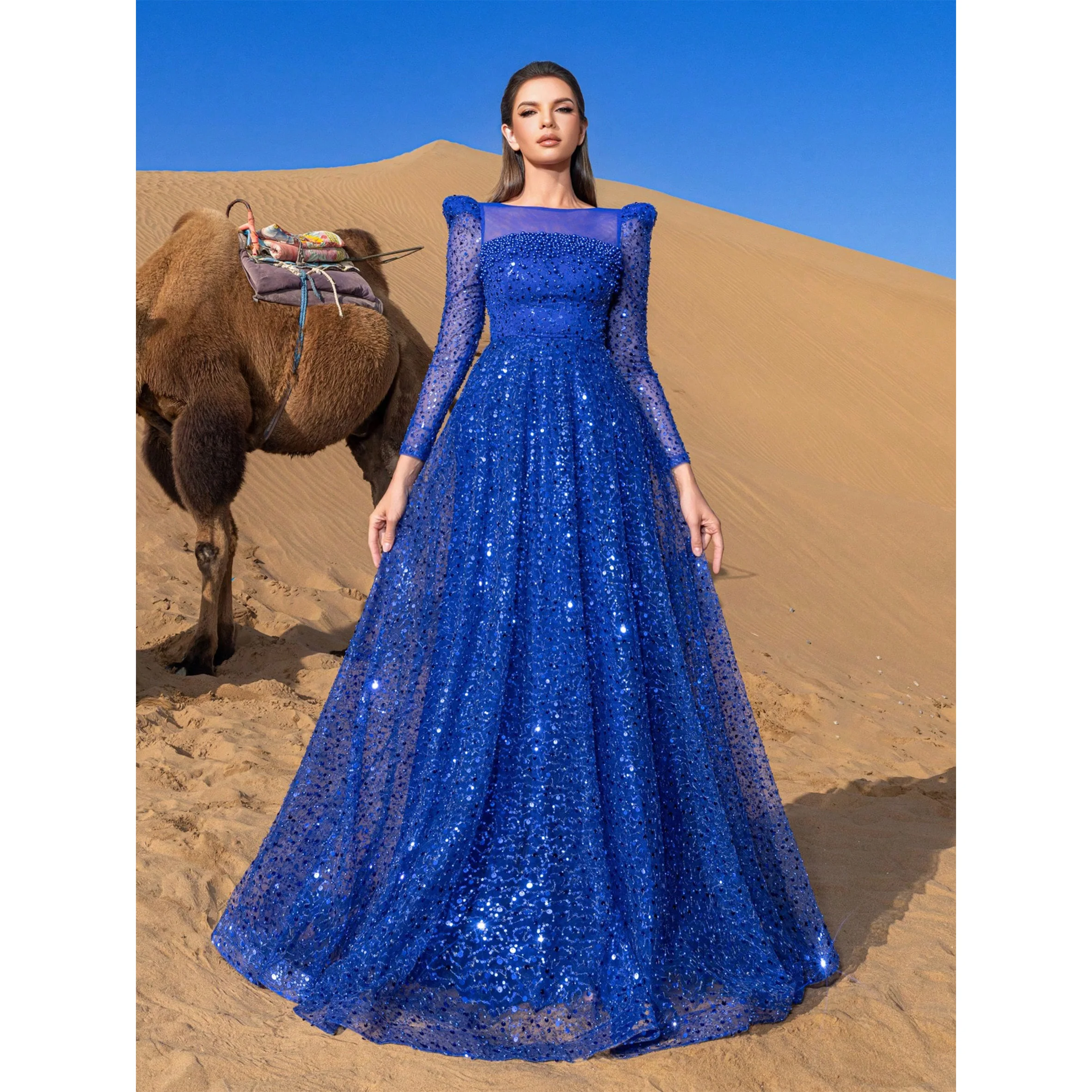 

Elegant Pearl Embellished Sheer Sleeves Sequin Beaded Formal Party Dress & Evening Gowns