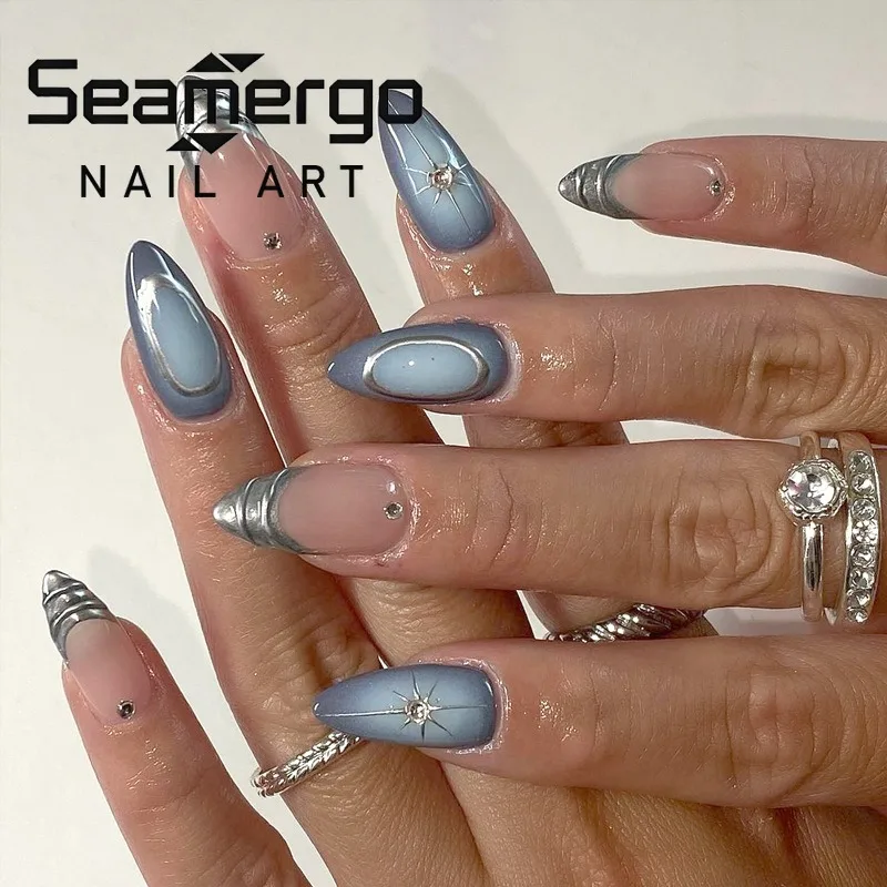 

24PCS Metallic 3D Silver French Stick on Nails with Glue Simple Blue Blush Almond Fake Nails for Women Sweet Cool Star Nail Tips