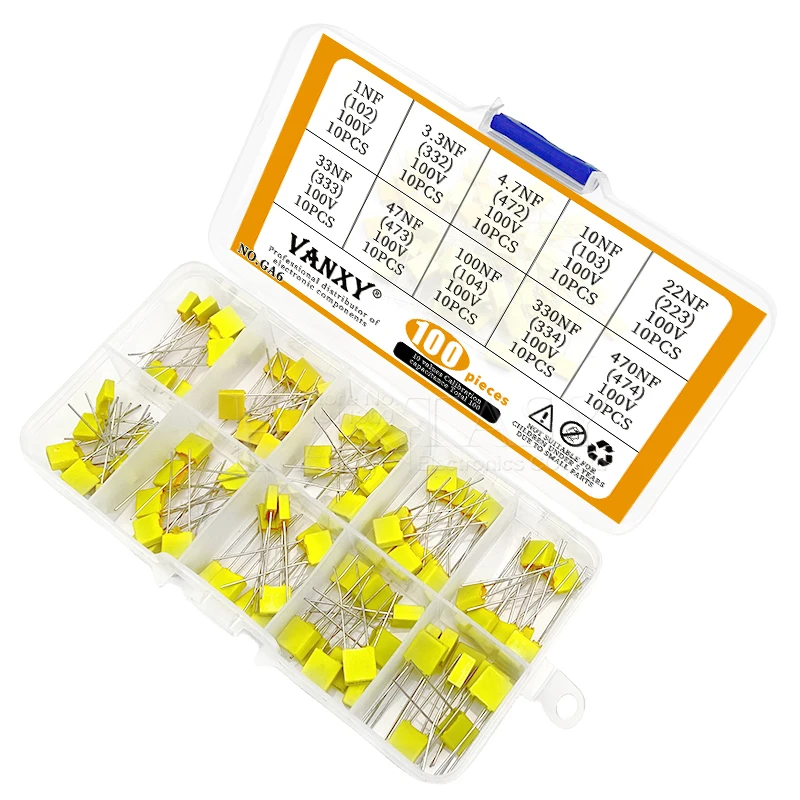 Imagem -06 - Kit de Segurança de Polipropileno Capacitor de Correção 100v 1nf 3.3nf 4.7nf 10nf 22nf 33nf 47nf 100nf 330nf 470nf 10 Valores