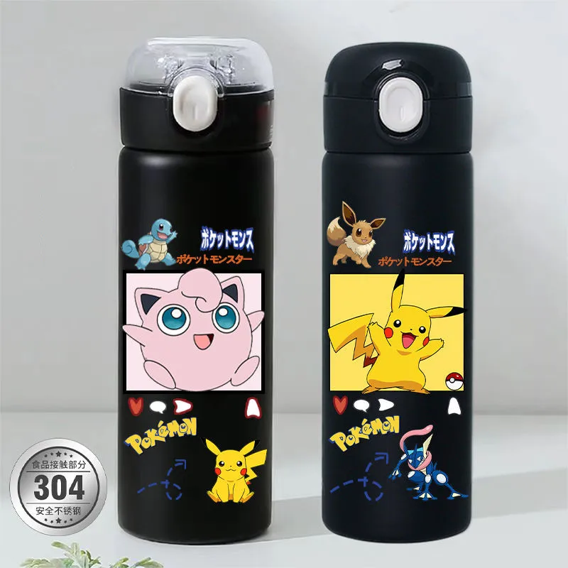 380ML Pokemon Anime Children Thermal Bottle Pikachu Thermos Keeps Heat Kids straw Cup Pokemon Adult Stainless Steel Water Cup