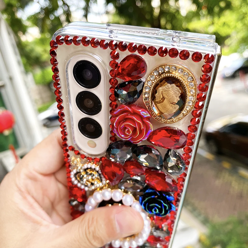 Bling Rhinestone 3D Red and Black Rose Heart Hard PC Phone Cover for Samsung Galaxy Z Fold 7 6 5 4 3 2 Case