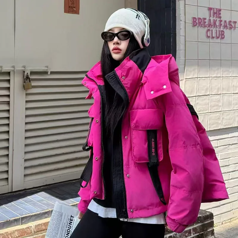Daunenjacke mit Kapuze, Damenbekleidung, 2025, neues Spleißen, modisch, vielseitig, kurz, locker, Damen-Daunenjacke, weiblich, Parker H567