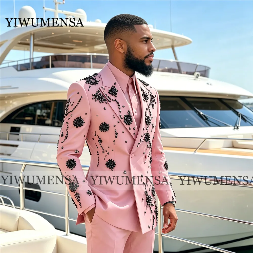 Male Fashion Diamond Beaded Suit Men Formal Wear Double Breasted Jacket Pants 2 Piece Sets Groom Wedding Tuxedos Customized 2026