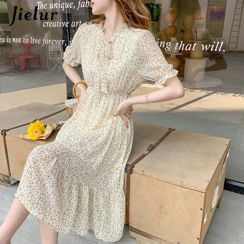 Yellow Short-sleeved Floral Chiffon Womens Dresses Korean Style Fashion Sweet Midi Dresses Women A-line Bow Collar Dress S-XXL