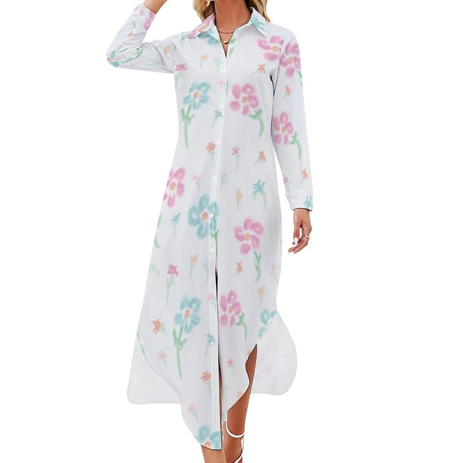 

Water Color Flowers Pink And Blue Long Sleeved Shirt Dress evening dress ladies sexy short dresses daring