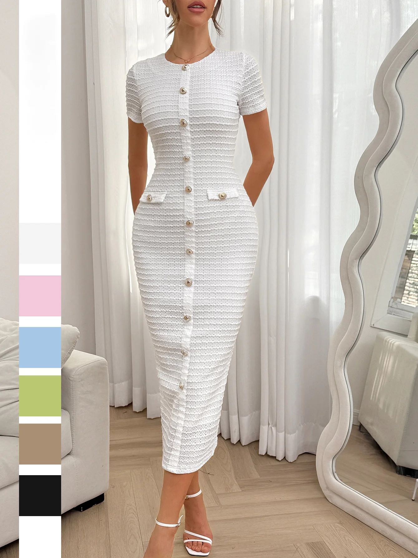 Damenkleider 2025, Sommer, neues elegantes Temperament, Knopfdekor, einfarbig, lässig, Rundhalsausschnitt, kurze Ärmel, schmale Passform, langes Kleid