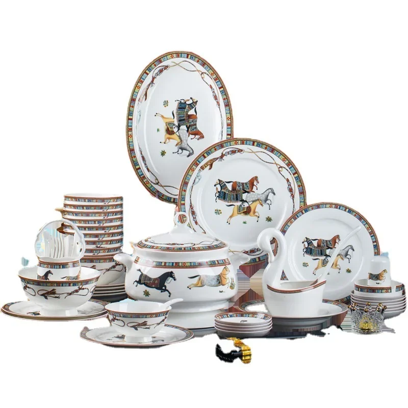 Jingdezhen Tableware Set Ceramic Bowl Dishes Horse Design Gift Porcelain Bone China Wholesale 56pcs Carton Country Giveaways