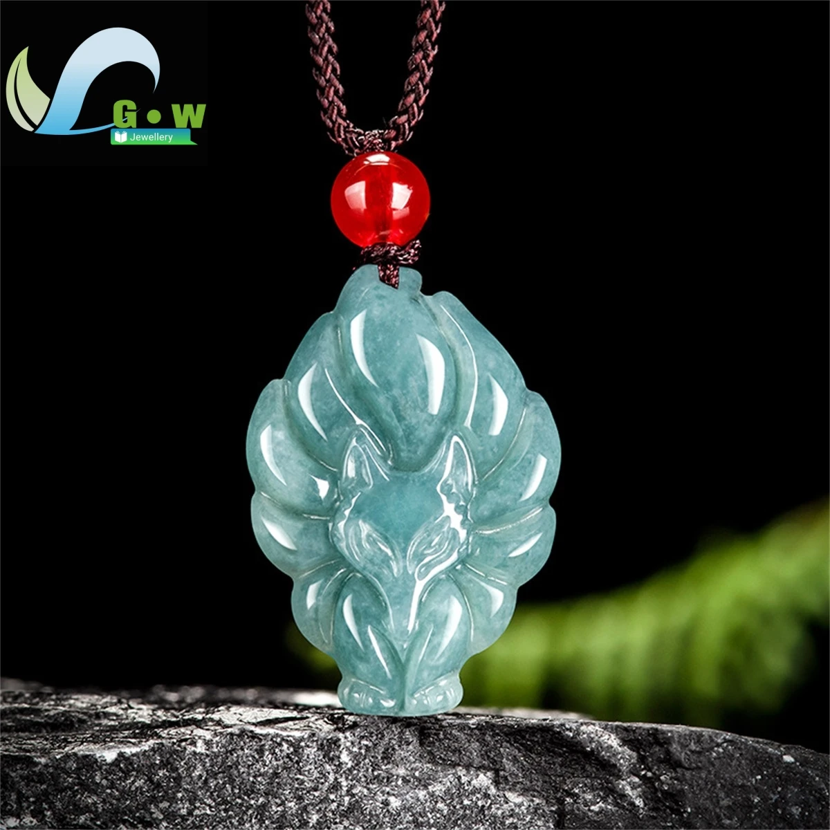 Natural Jadeite Blue Water Nine-tailed Fox Pendant Hand-carved Exquisite Fashion Glutinous Jade Necklace Ladies Holiday Gift